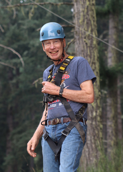 Dave zip lining on 73 birthday at Camp Kellogg Springs